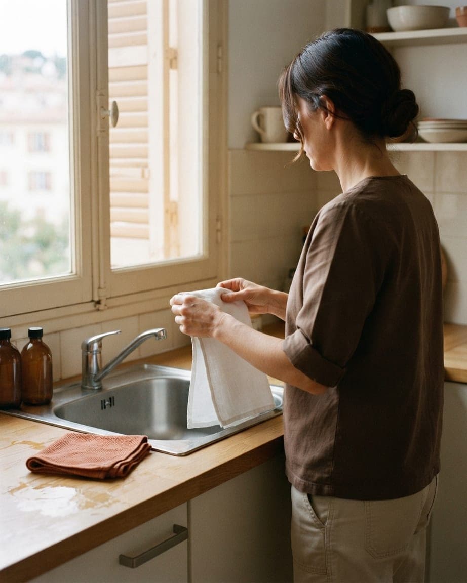 Femme en tunique brune pliant un torchon blanc au bord d'un évier, flacons et chiffon ocre posés sur le plan de travail